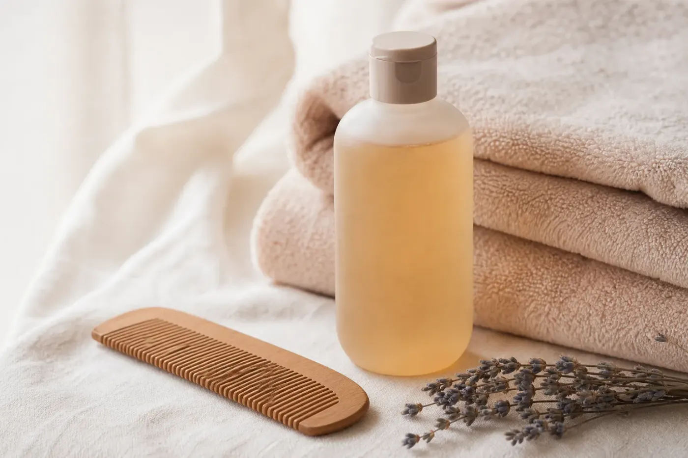 Peigne fin en bois, flacon de shampoing doux sans étiquette et serviette sur un plan clair