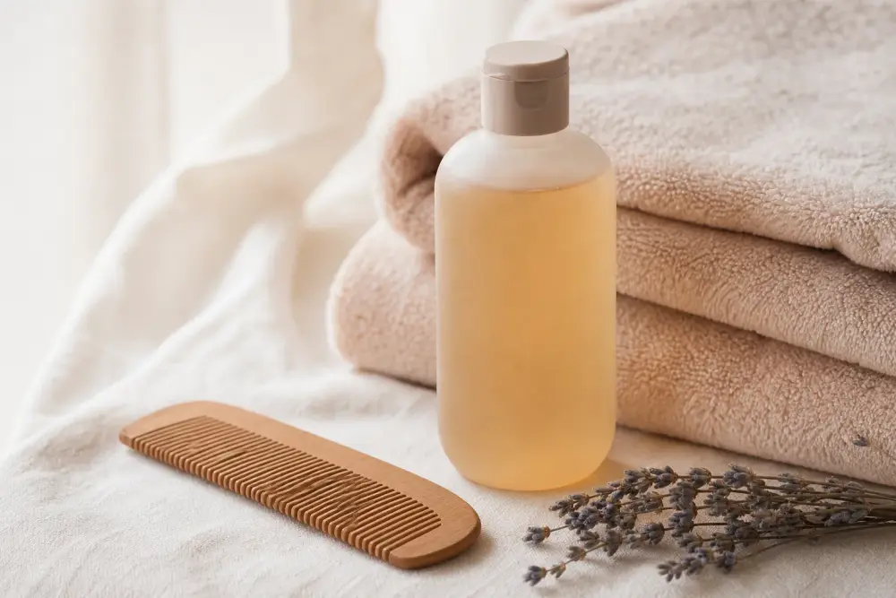 Peigne fin en bois, flacon de shampoing doux sans étiquette et serviette sur un plan clair