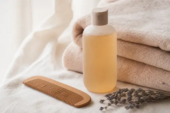 Peigne fin en bois, flacon de shampoing doux sans étiquette et serviette sur un plan clair