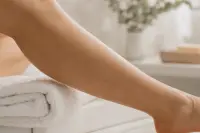 Gros plan sur la peau du bas de la jambe fraîchement épilée, lumière naturelle douce, sans irritation visible