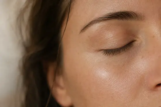 Contour de l’œil en gros plan, peau nue et texture naturelle, lumière douce