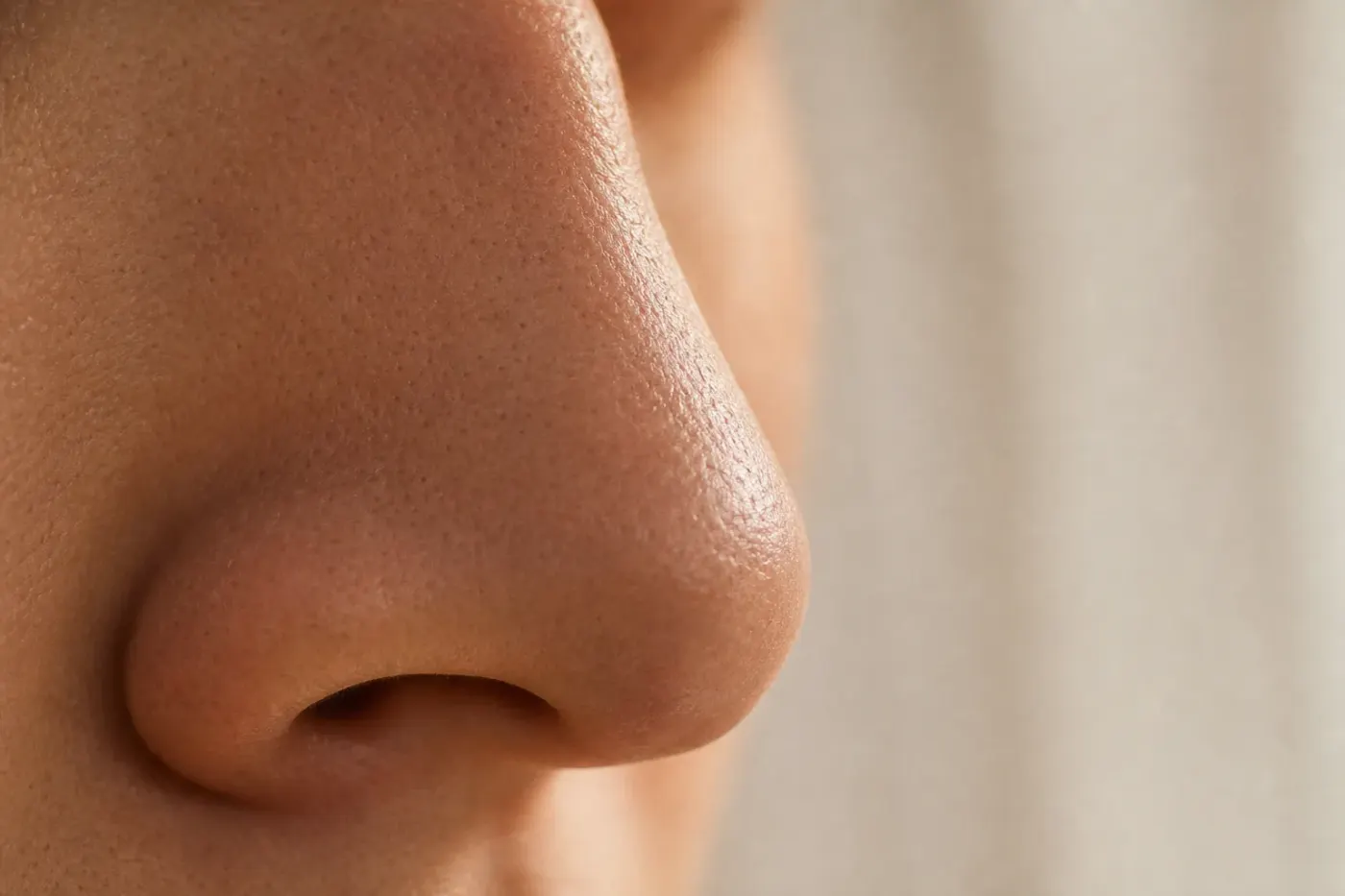 Gros plan sur l'arête d'un nez avec une peau texturée éclairée par une lumière douce et naturelle