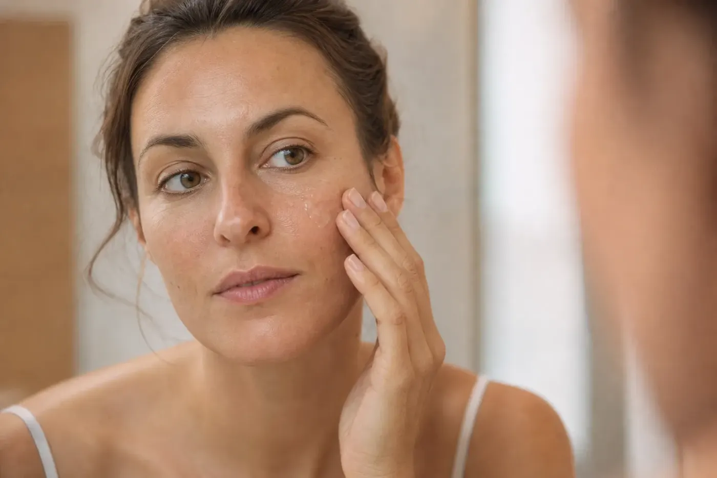 Femme d’une trentaine d’années appliquant un sérum du bout des doigts devant un miroir de salle de bain