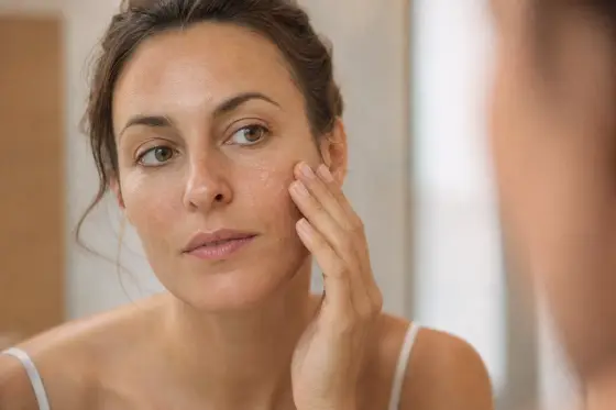 Femme d’une trentaine d’années appliquant un sérum du bout des doigts devant un miroir de salle de bain