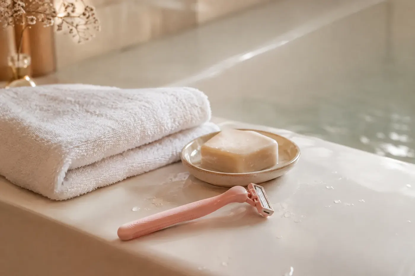 Rasoir rose posé sur le rebord d’une baignoire près d’une serviette blanche et d’un savon