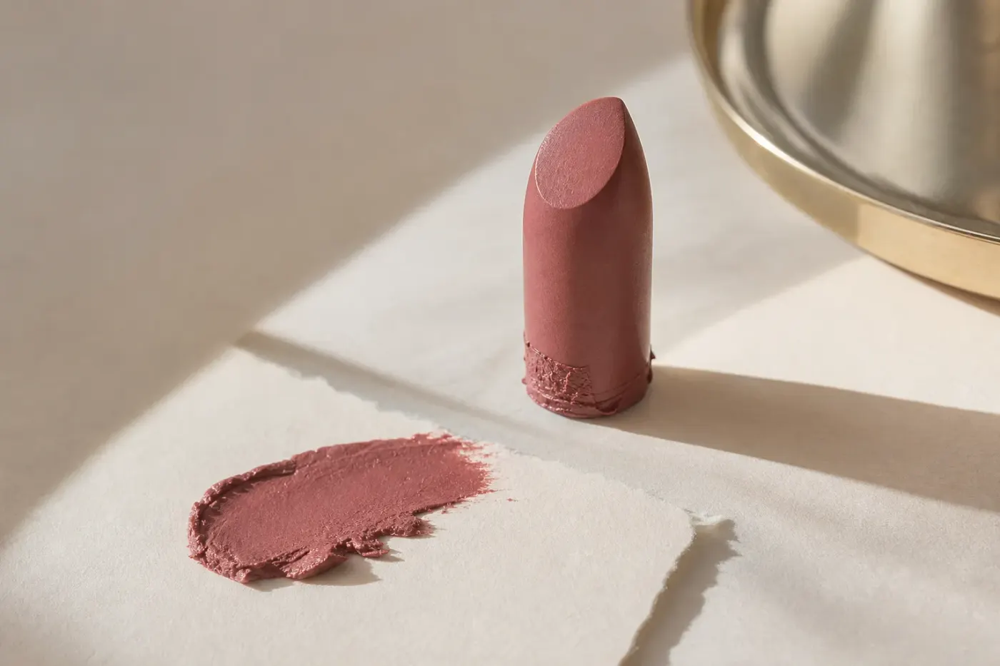 Rouge à lèvres sorti de son étui posé à côté de la trace de couleur laissée sur du papier