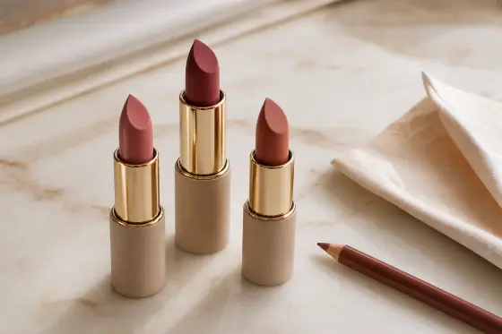 Trois raisins de rouge à lèvres nude et rosés posés près d’un crayon à lèvres sur un marbre clair