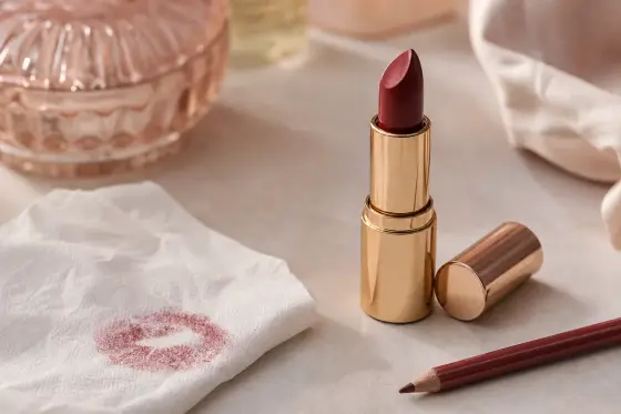Rouge à lèvres carmin ouvert, crayon contour et mouchoir plié sur une coiffeuse claire