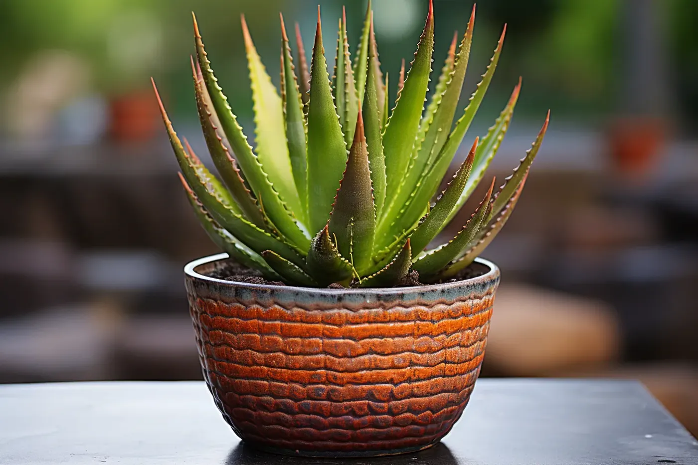 Plante d’aloe vera en pot de terre cuite près d’une fenêtre, aux feuilles vertes et charnues