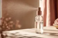 Flacon vaporisateur posé sur une surface claire, lumière naturelle douce