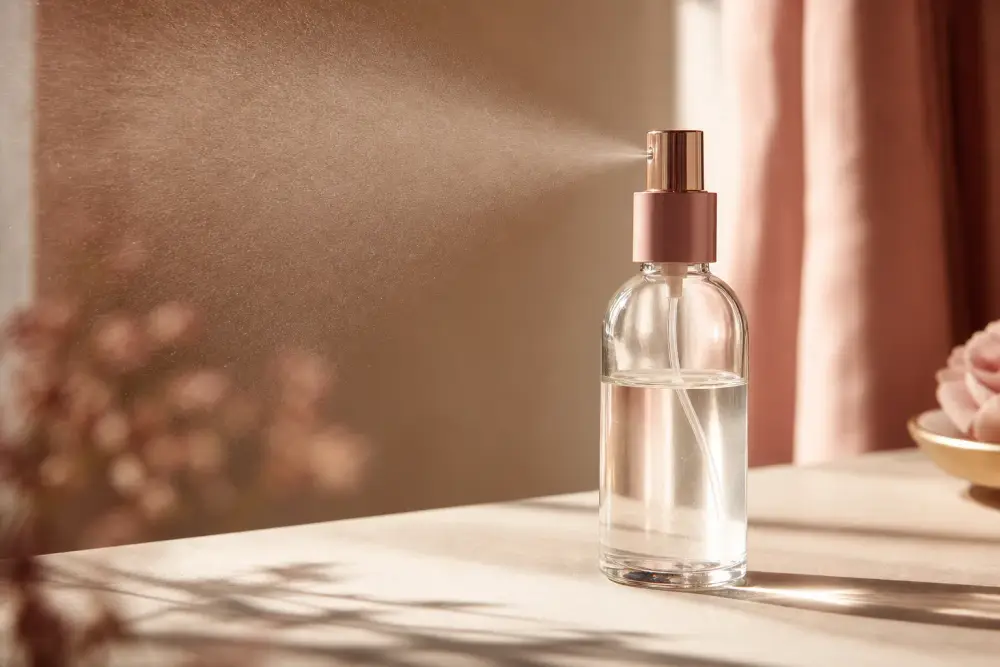 Flacon vaporisateur posé sur une surface claire, lumière naturelle douce