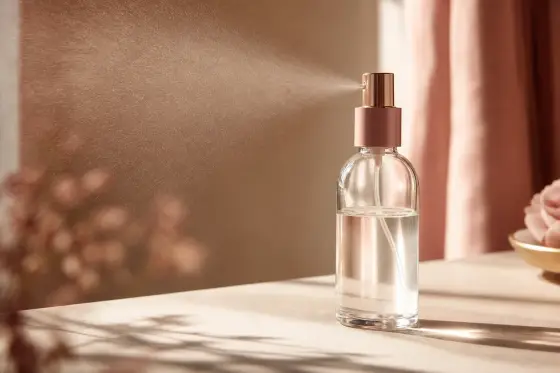 Flacon vaporisateur posé sur une surface claire, lumière naturelle douce