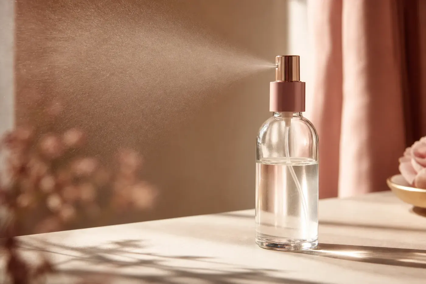 Flacon vaporisateur posé sur une surface claire, lumière naturelle douce