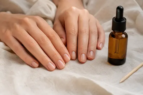 Mains aux ongles courts et nus posées sur un linge clair près d’un flacon d’huile