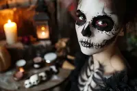 Visage maquillé en vampire pour Halloween, avec yeux fumés et lèvres rouge sombre