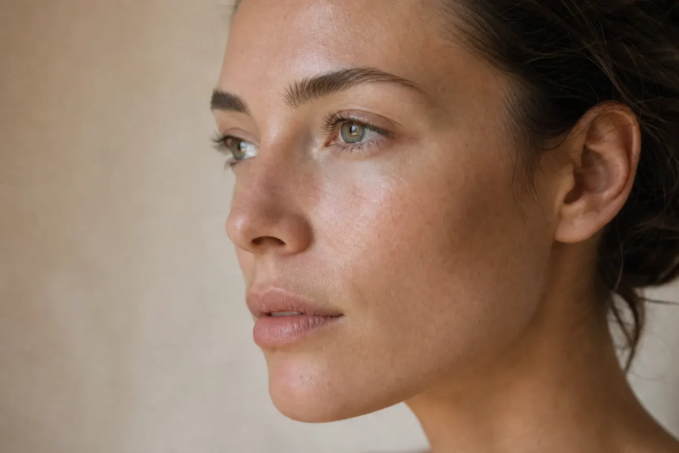 Visage nu sans maquillage de profil, peau nette, lumière naturelle douce