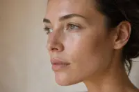Visage nu sans maquillage de profil, peau nette, lumière naturelle douce