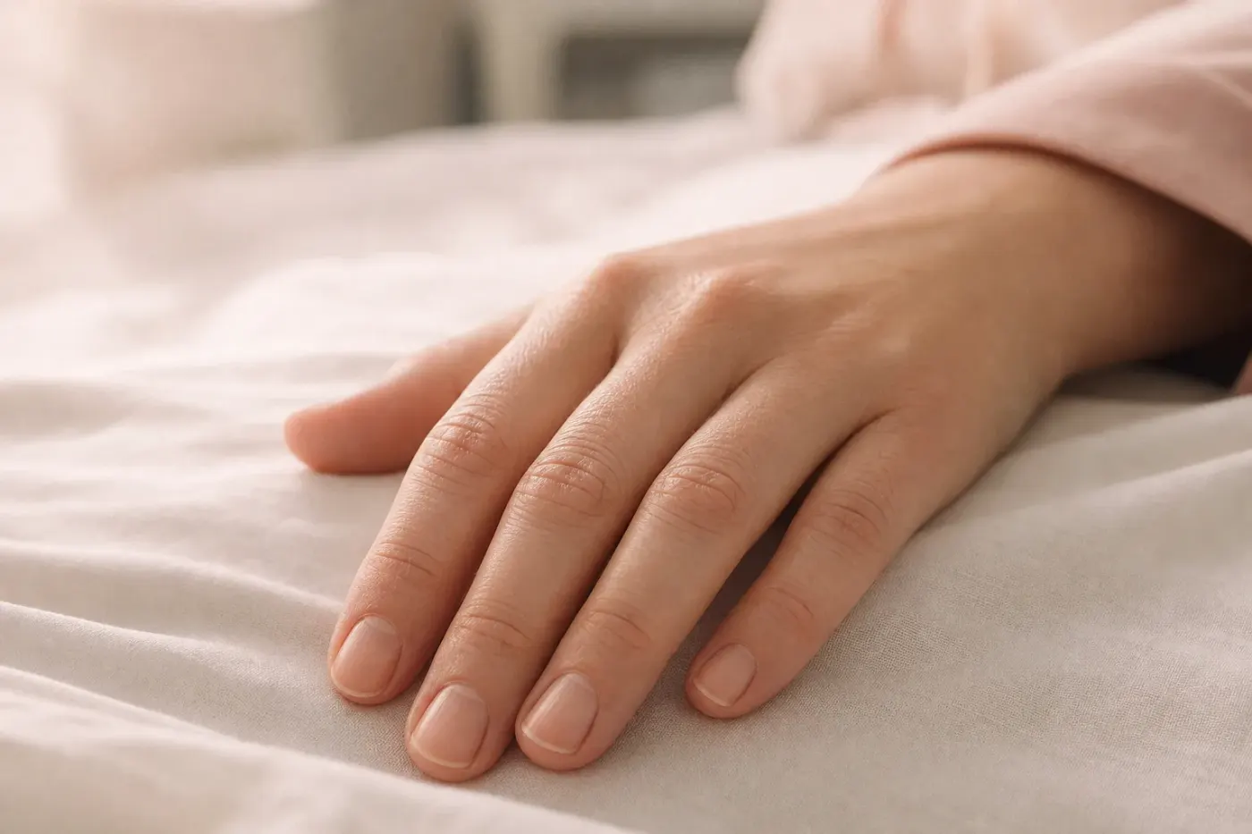 Main aux ongles nus posée sur un drap clair, texture naturelle, lumière douce