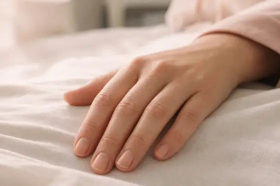 Main aux ongles nus posée sur un drap clair, texture naturelle, lumière douce
