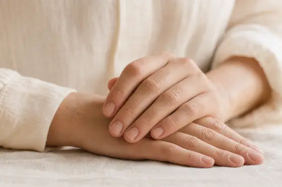 Mains posées sur une surface claire, ongles courts et naturels, lumière douce